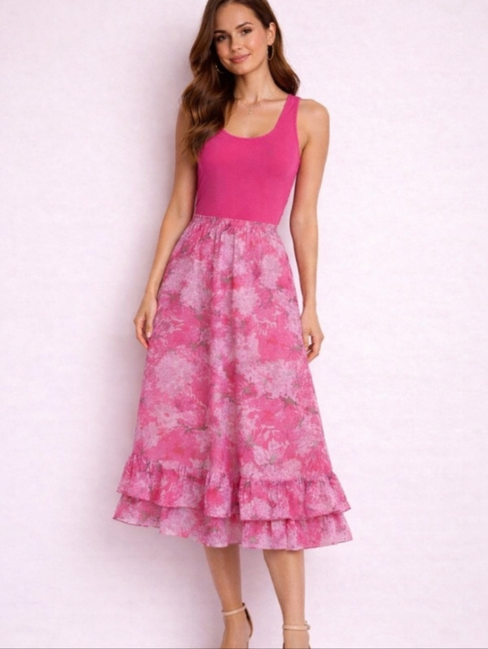 Tradition | Vintage Pink Floral Midi Skirt | Elastic Waist | Double Ruffle Hem - Picture 1 of 11
